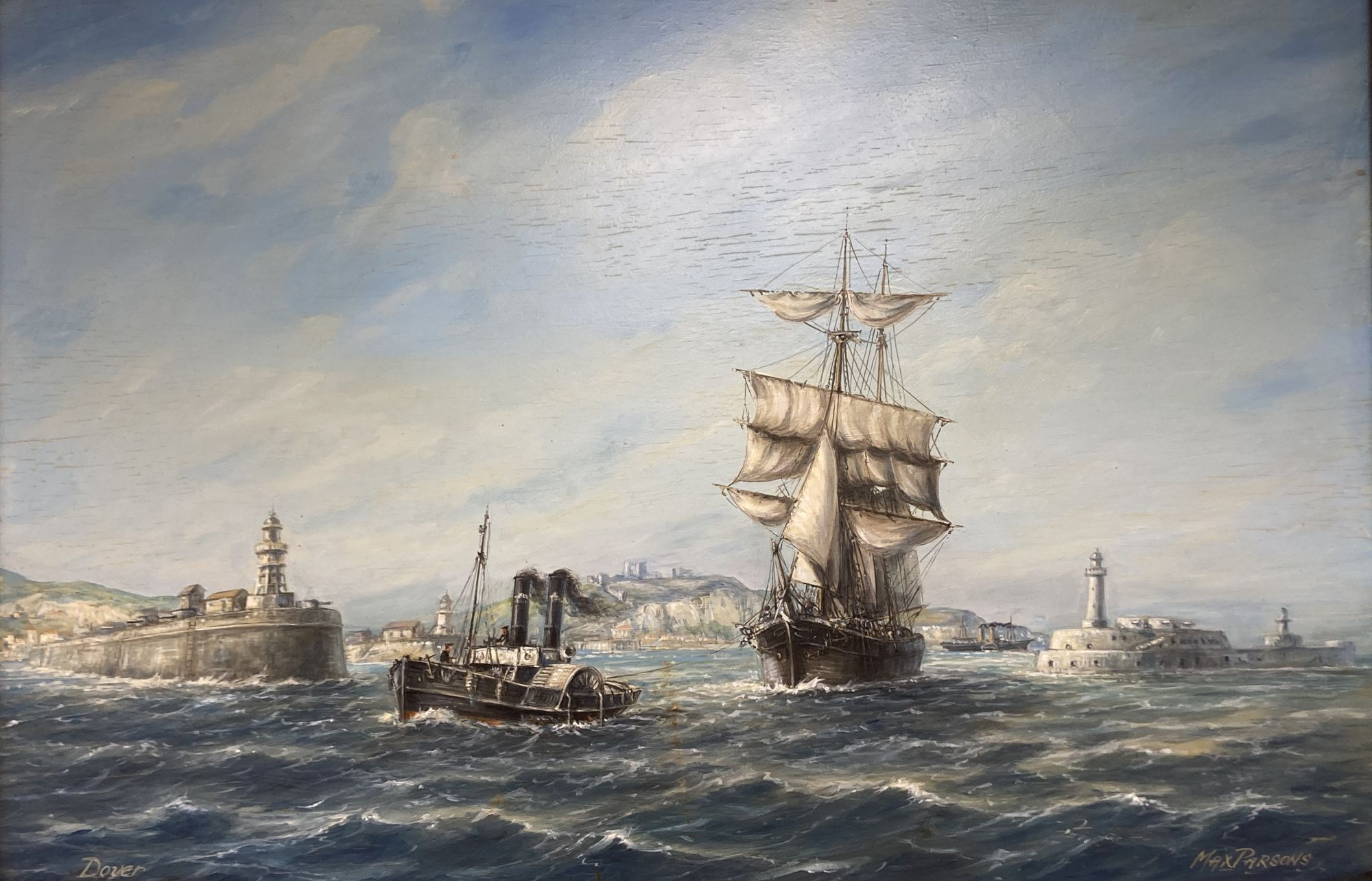 Max Parsons A.R.C.A. (1915-1998), Steam tug and sailing ship leaving Dover Harbour, 50 x 75cm